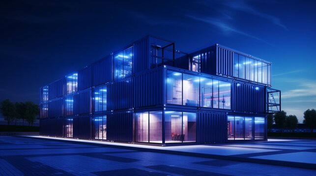 Modern metal building made of shipping containers and night blue sky background 8k,