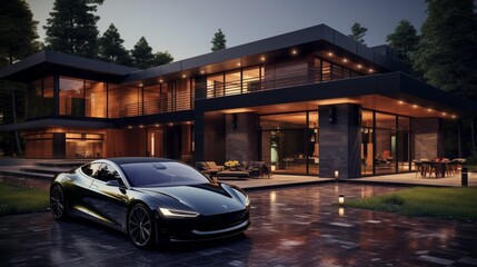 Luxury big modern house and electric car 8k,