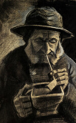 The portrait fisherman with pipe and coal pan 