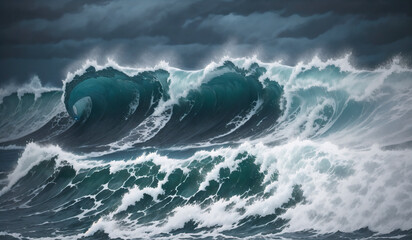 Blue ocean wave in stormy weather