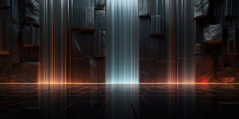 Stone wall with three waterfalls and neon lines