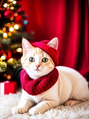 Cute cat wearing  a red sweater and  red Santa Claus hat near Christmas tree.  Generative Ai