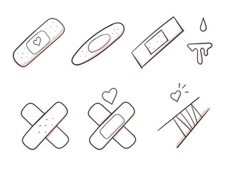 Hand drawn love doodle aid band, blood, wound vector illustration