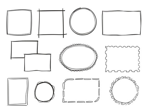 Hand drawn set of simple frame and border with different shapes