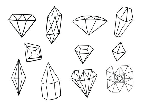 Hand drawn symbols collection with gemstones, quarts, minerals, diamonds