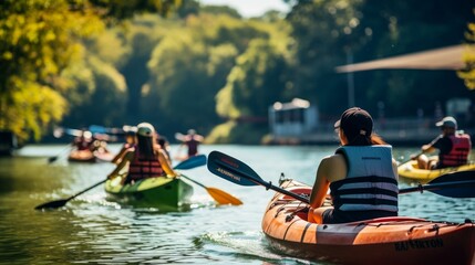 Gather of cheerful individuals on a kayaks - Powered by Adobe