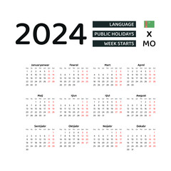 Calendar 2024 Turkmen language with Turkmenistan public holidays. Week starts from Monday. Graphic design vector illustration.