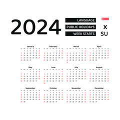 Calendar 2024 English language with Singapore public holidays. Week starts from Sunday. Graphic design vector illustration.