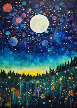 full moon stars sky forest vibrant scattered light bubbles rising front pale sunny glittering about glowing sprites