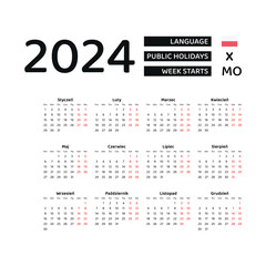 Calendar 2024 Polish language with Poland public holidays. Week starts from Monday. Graphic design vector illustration.