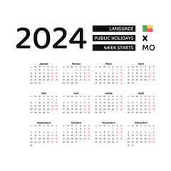 Benin Calendar 2024. Week starts from Monday. Vector graphic design. French language.