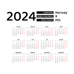 Norway Calendar 2024. Week starts from Monday. Vector graphic design. Norwegian language.