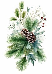 bouquet pine cones berries colored illustration plant tree tall trees sap - obrazy, fototapety, plakaty