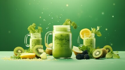 Glass jolt mugs with green wellbeing smoothie kale takes off lime apple kiwi grapes banana avocado lettuce Duplicate space Crude vegetarian vegan soluble nourishment concept Standard - obrazy, fototapety, plakaty