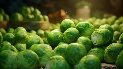 "Craft a visually enticing image of a bunch of fresh, green Brussels sprouts."