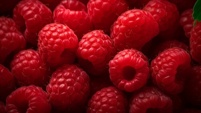"Craft a visually enticing image of a bunch of ripe, vibrant raspberries."