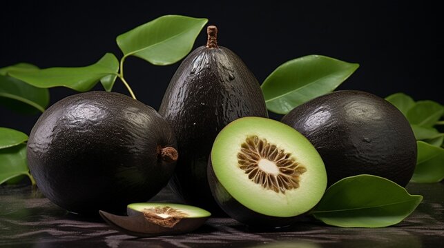 Create a high-definition image highlighting the velvety skin of a ripe, black sapote.