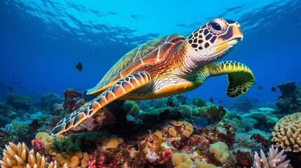 Fototapeta na wymiar Green ocean turtle swimming over a coral reef near up Ocean turtles are getting to be debilitated due to illicit human exercises