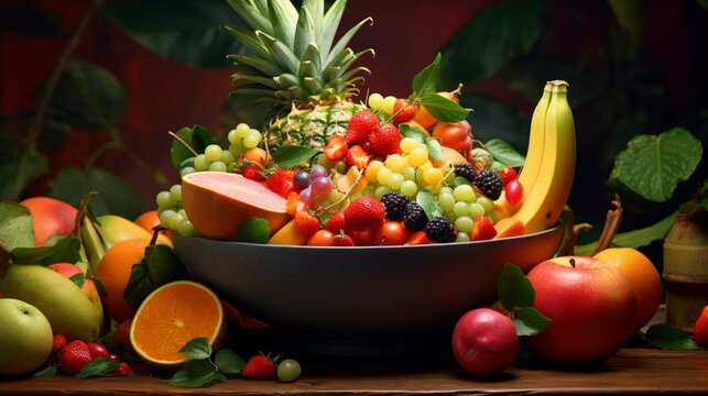 "Create an image that highlights the vibrant colors of a bowl filled with mixed tropical fruits."