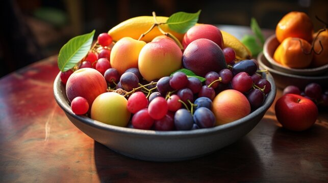 "Create an image that highlights the vibrant colors of a bowl filled with mixed stone fruits."