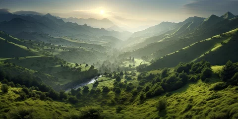 Fotobehang Mountain landscape, beautiful , green ,Generative AI.. © bird_saranyoo