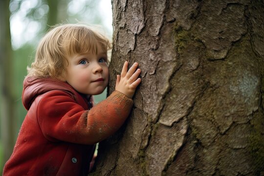A child hugging tree with love ,Generative AI..