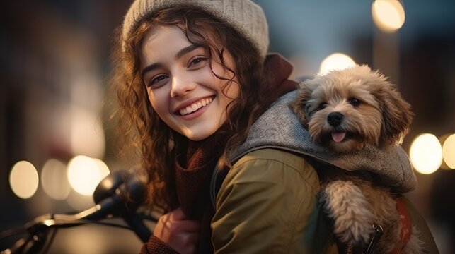 Grinning Fashionable person Young lady with her Canine and Bicycle within the City Conditioned and Sifted Photo with Bokeh and Duplicate Space Urban Youth Way of life Concept