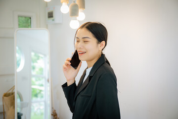 action of business woman trying to explain on phone