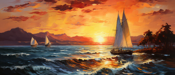 Sailing boat on the sea at sunset. Digital oil color painting illustration.