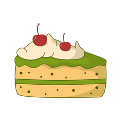 Matcha cake illustration with cherry and cream. Sweet matcha dessert with topping. Green tea flavor. Vector Illustration