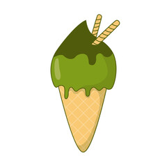 Matcha ice cream illustration with cream. Sweet matcha dessert with topping. Green tea flavor. Vector Illustration
