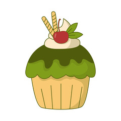Matcha cupcake illustration with cherry and cream. Sweet matcha dessert with topping. Green tea flavor. Vector Illustration