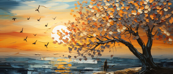Fantasy landscape with a tree and a man on a background of sunset. Digital oil color painting illustration.
