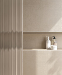 Mock up of shampoo, soap bottle in recessed wall shelf, shower niche, reeded glass partition in...