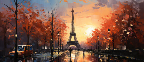 The Eiffel Tower in Paris, France. Digital oil color painting illustration.