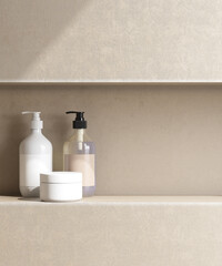 Mock up of shampoo, soap bottle in recessed wall shelf, shower niche in brown wall bathroom in...