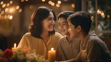 Thailand mother and sons happy together. Young Asian Thai woman, mother, wit her two sons playing together in a warm, calm and love environment. Evening or night, maybe Christmas. - obrazy, fototapety, plakaty