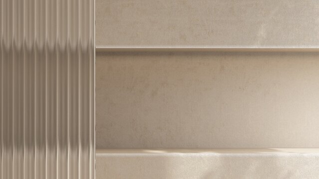 Recessed wall shelf, shower niche, reeded glass partition in brown wall bathroom in sunlight for luxury beauty, cosmetic, body care, hair care, toiletries product background 3D