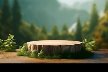 Tree stump in landscape nature mountains background, Empty wood podium table minimal stage for product display presentation design, ai generate