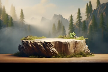 Tree stump in landscape nature mountains background, Empty wood podium table minimal stage for product display presentation design, ai generate - obrazy, fototapety, plakaty