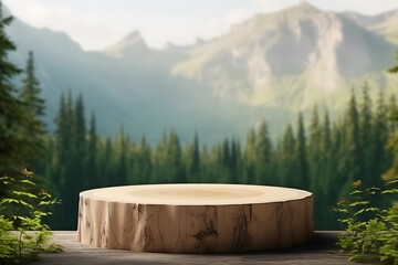 Tree stump in landscape nature mountains background, Empty wood podium table minimal stage for product display presentation design, ai generate