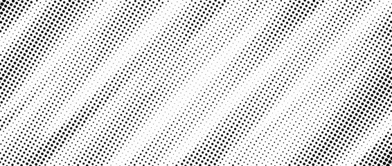 Halftone diagonal stripe texture. White and black oblique faded gradient. Grunge slanted line grit background. Abstract pop art comic wallpaper. Dotted noise backdrop. Retro vector illustration