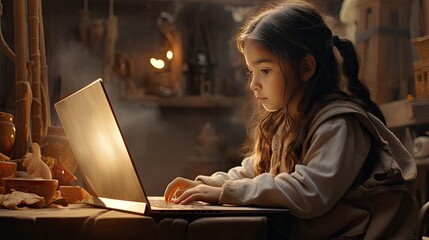 A little girl uses a laptop to study online at home. Happy student interested typing on keyboard looking at PC screen