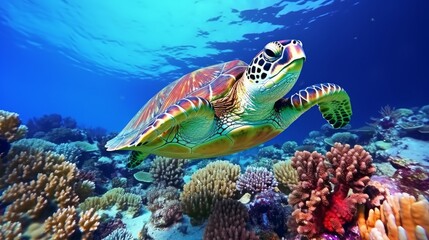 Naklejka premium Hawksbill Turtle Eretmochelys imbricata drifts beneath water Maldives Indian Sea coral reef