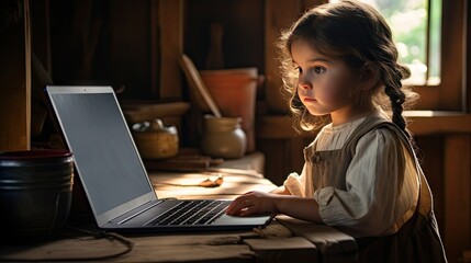 Fototapeta na wymiar A little girl uses a laptop to study online at home. Happy student interested typing on keyboard looking at PC screen