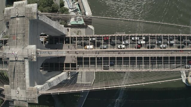 Overhead Aerial Shot Of Brooklyn Bridge Tracking Towards Brooklyn