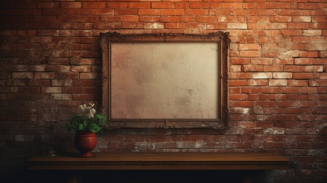 Craft an image that radiates timeless charm, featuring an elegant blank frame against a brick wall.