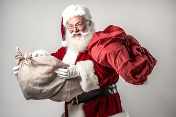 Santa Claus pulling huge bag of presents on white background Generative AI