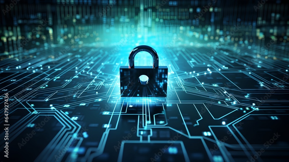Aufkleber concept of endpoint security, a blue abstract microchip scheme with a lock symbol. the lock symboliz