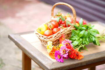 Organic vegetables in wicker basket on the table